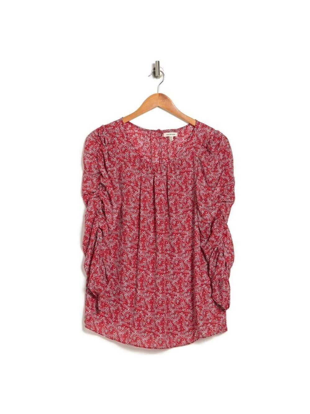 𝅺MAX Studio BNWOT Red Floral Ruched Sleeve Blouse Women Sz Small
